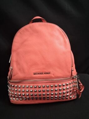 Michael Kors Light Fuchsia Pink Pebbled Leather Rhea Medium Studded Backpack